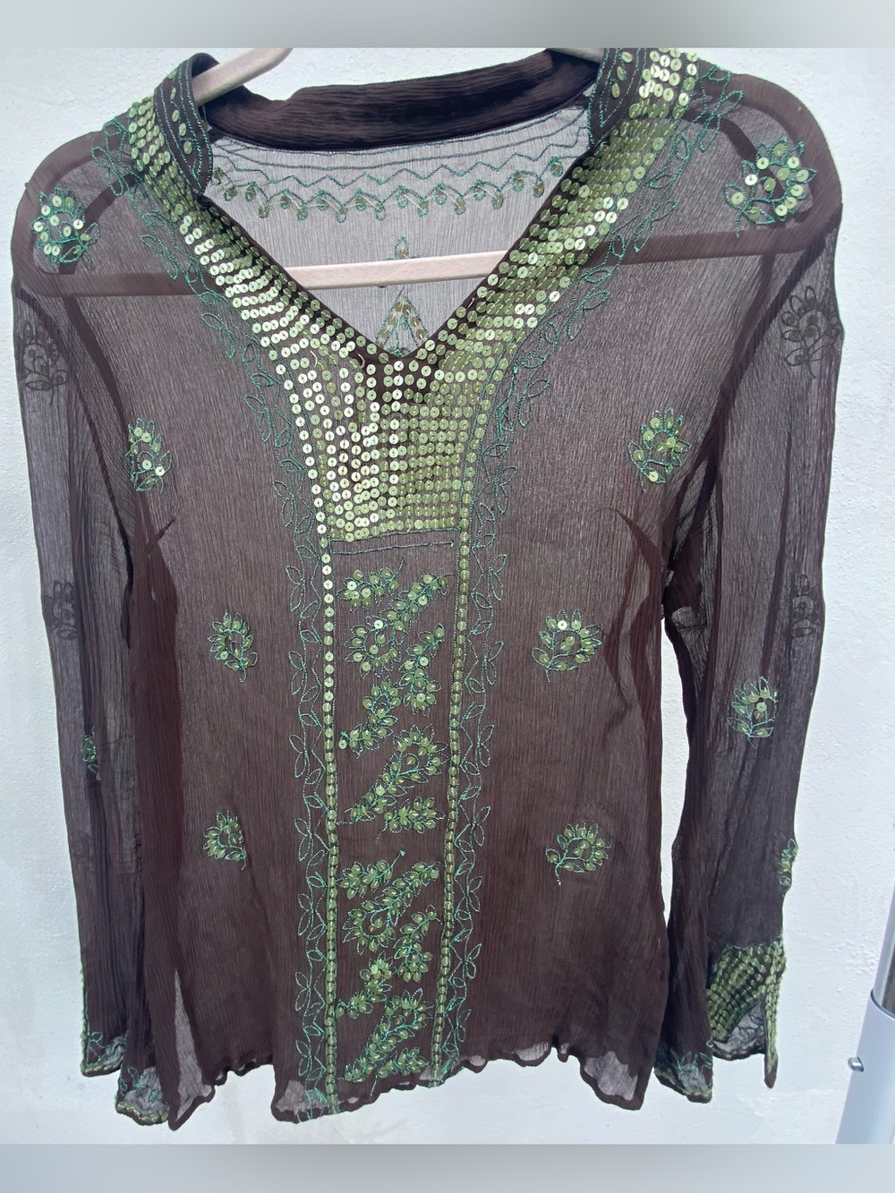 Y2K Fairy Sheer Brown Green Sequin Blouse Size Medium